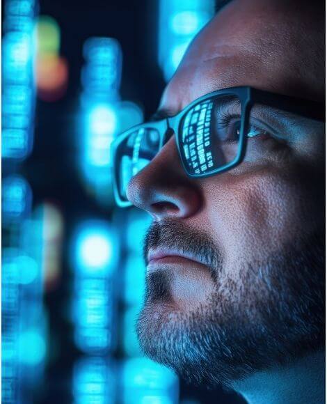 Licenciamento Microsoft cybersegurança cloud  Profissional de tecnologia analisando dados e códigos em ambiente digital